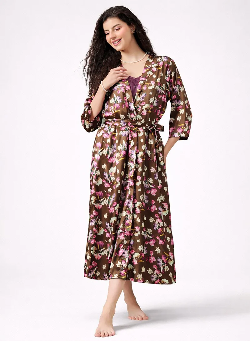 كلوفيا Long Nighty & Robe Set in Wine Colour - Satin